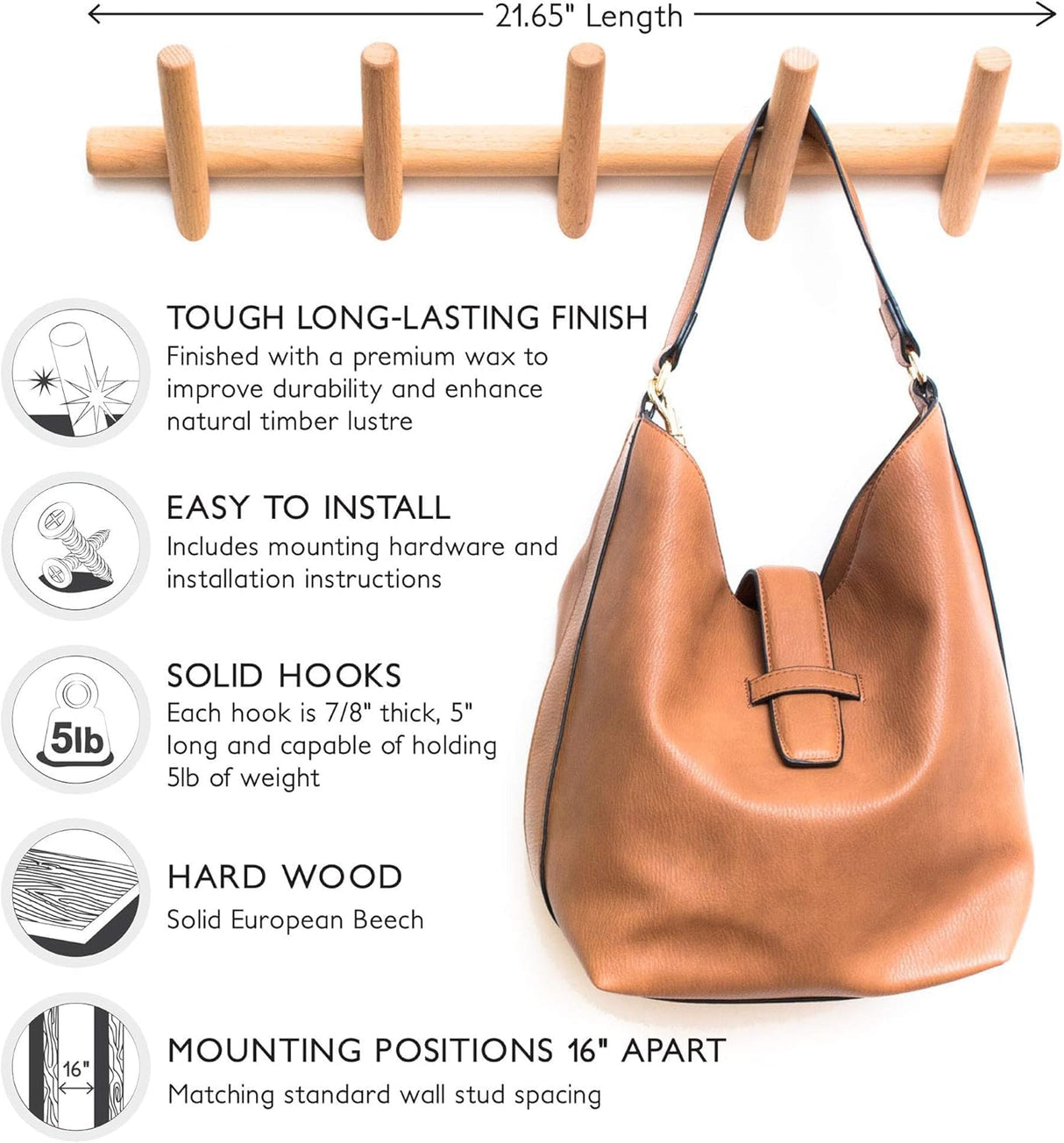 Eden & Co Modern Wall Mounted Coat and Hat Rack – 5 Hooks, Beautiful Wood Entryway Hanger with Pegs - Wooden Bedroom and Bathroom Robe Racks - Durable, Easy Assembly, Classic Design Eden & Co