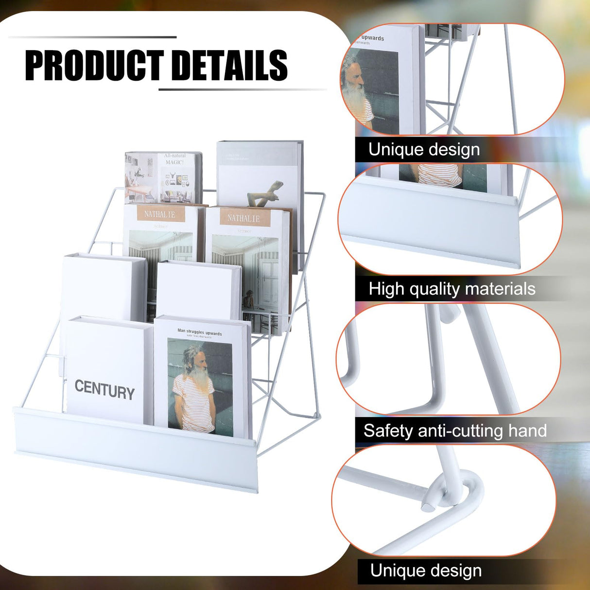 Sintuff Book Display Rack 4 Tier Comic Wire Book Display Rack 18" White Tabletop CD Magazine Retail Countertop Metal Racks for Display Library Classroom Picture Literature Sintuff