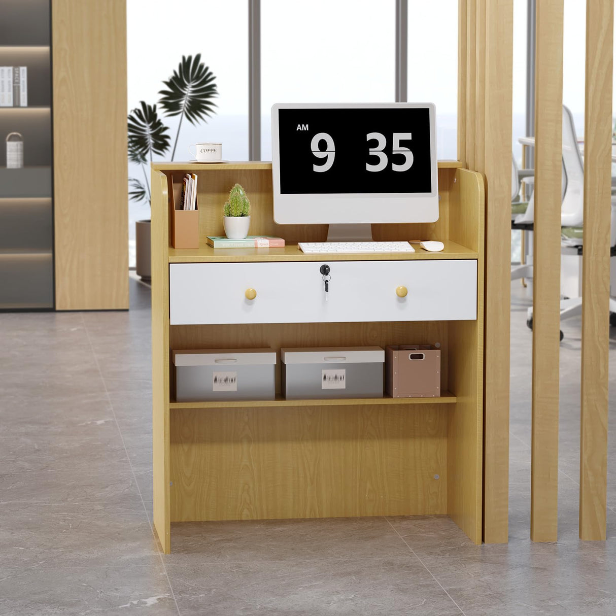 OmySalon Reception Desk with Counter, Small Front Desk w/Lockable Drawer, Wooden Modern Reception Table for Salon Lobby Office Home (Original Wood, 32) OmySalon