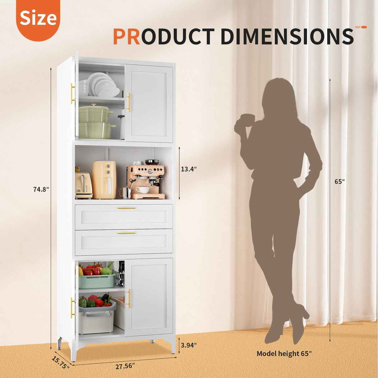 steelftyn 75" Pantry Storage Cabinet, Metal Storage Cabinet with 4 Doors, 2 Drawers, 3 Adjustable Shelves, White steelftyn