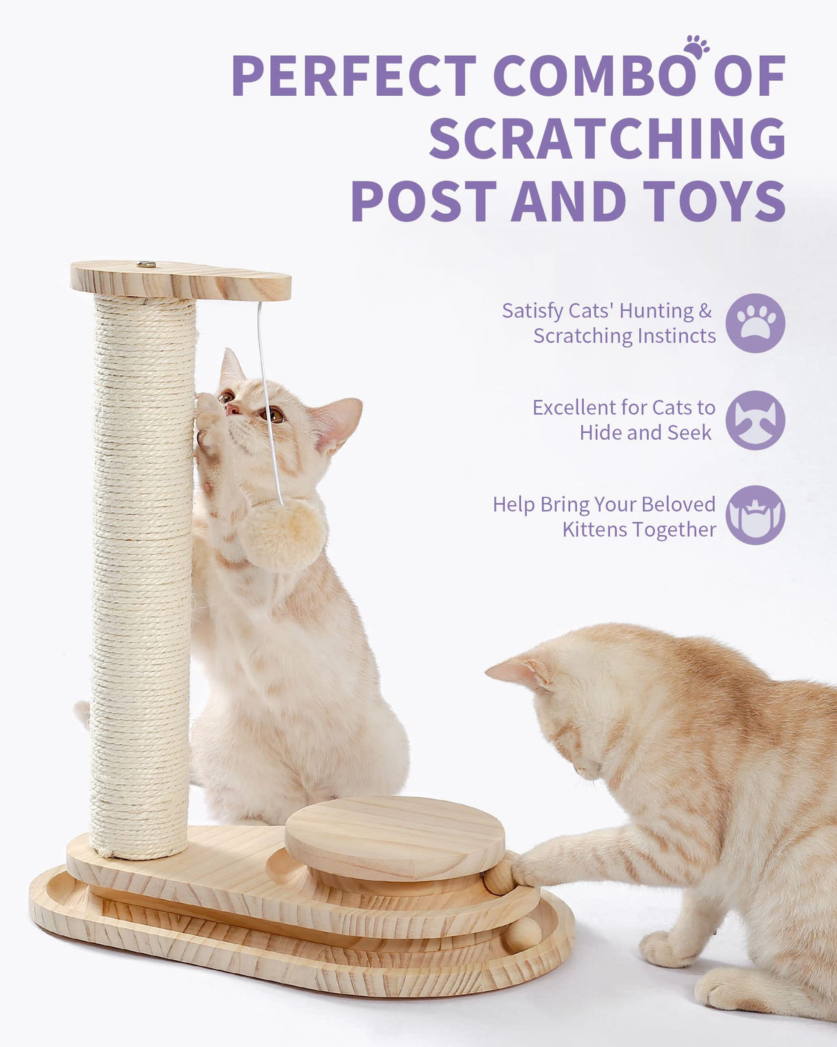 Made4Pets Cat Scratching Post Cat Scratcher Kitten Toys for Indoor Cats Wooden Ball Track Two-Layer Modern Sisal 17.7" Tall Scratch Post Interactive Toy with Dangling Ball MADE 4 PETS