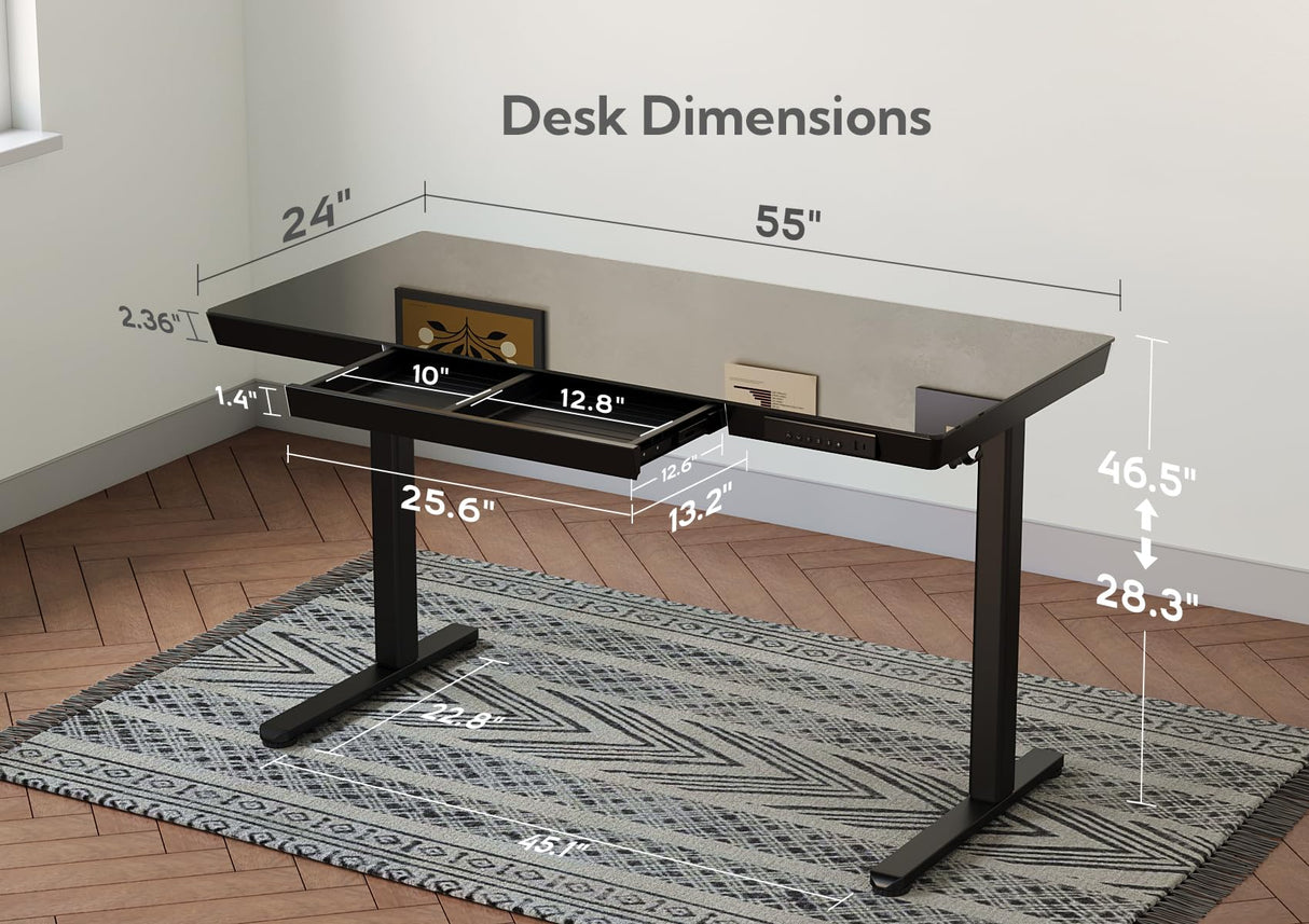 YDN Glass Standing Desk with Drawers, 55 x 24 Inch Electric Stand Up Desk with USB Ports, Adjustable Height Desk for Home Office, Black YDN
