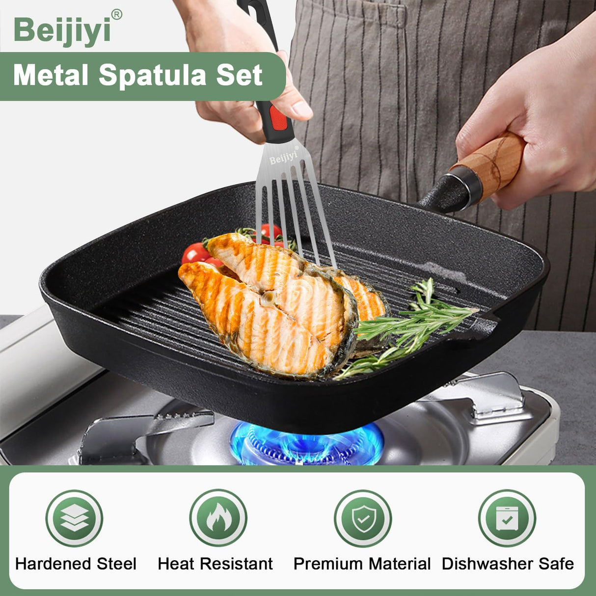 Beijiyi Stainless Steel Spatula Set, Heavy Duty Small Metal Spatula for Cooking Cast Iron Skillet with Silicone Handle - Griddle Grill Kitchen Spatula Flipper for Pancake, Fish, Smash Burger and Egg Beijiyi