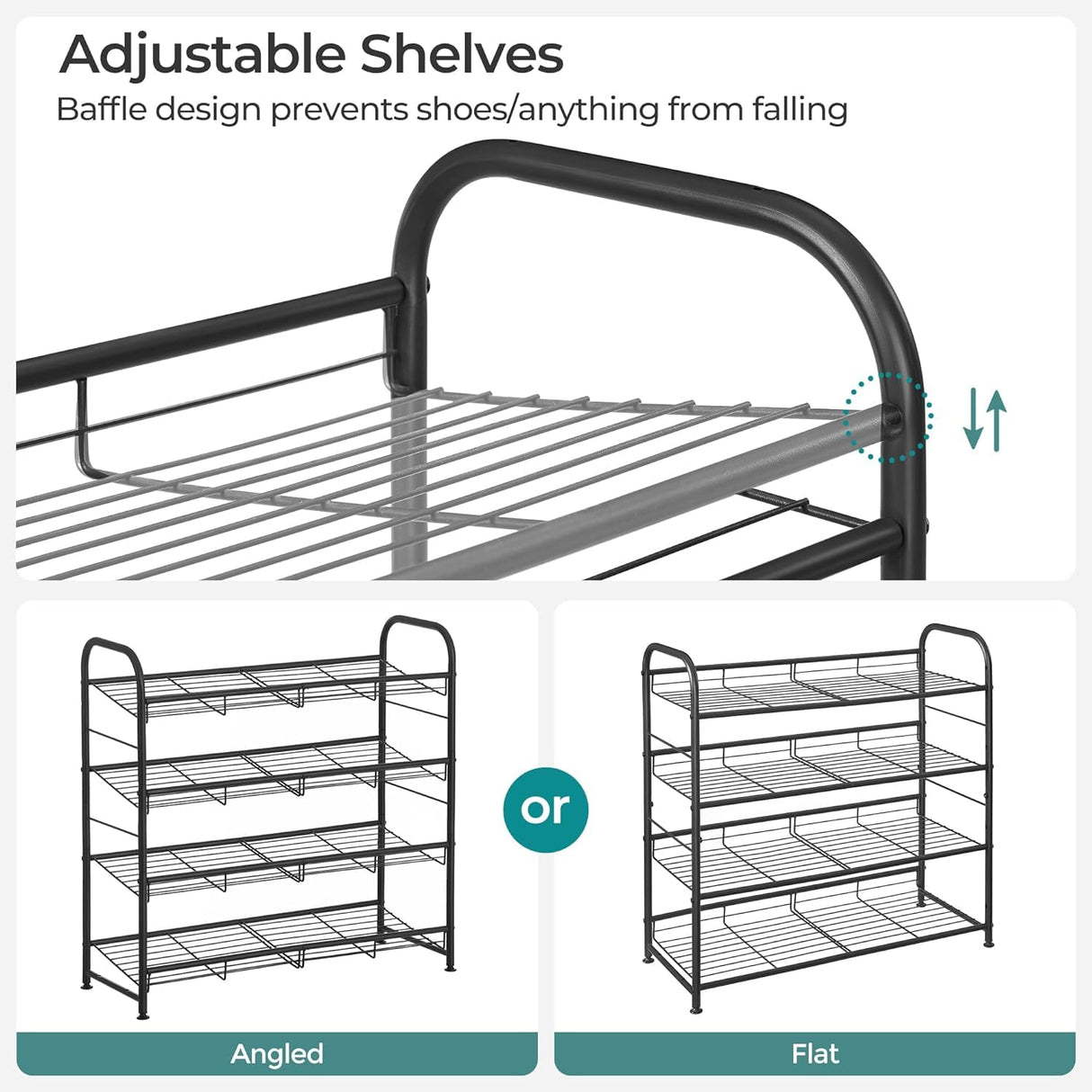 SONGMICS Shoe Rack, 4 Tier Shoe Organizer for Closet, Holds up to 16 Pairs of Shoes, Shoe Rack for Front Door Entrance, Metal Shoe Shelf with Adjustable Tilt Angle, for Entryway, Garage, Black SONGMICS