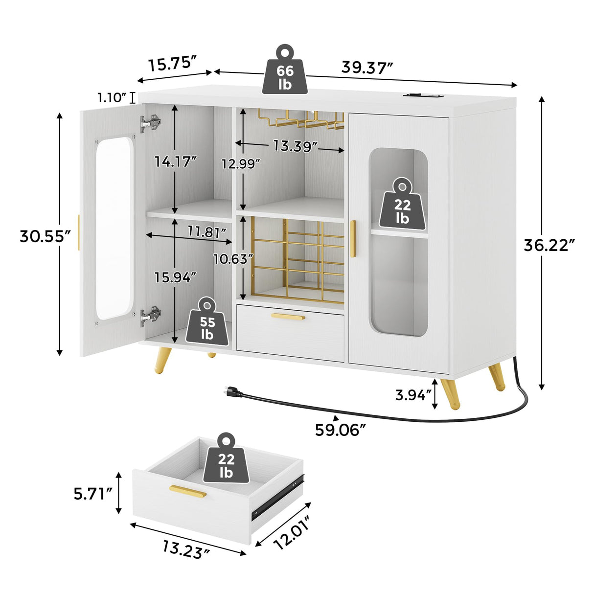 Condemo Wine Bar Cabinet with LED Light, Modern Coffee Bar Cabinet with Power Outlet, Liquor Cabinet with Wine Rack Glasses Holder, Sideboard Buffet Cabinet for Dining Room Living Room Kitchen, White Condemo