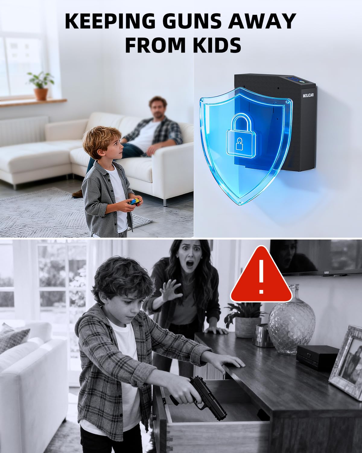 Biometric Gun Safe for Handgun Fingerprint 3 Ways Quick Access Slider Pistol Safe, Mounted Bedside Gun Lock Box for Nightstand, Bed, Desk, Wall, Dresser MOLICAR