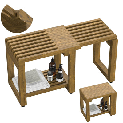 Update Adjustable Wooden Shower Benches for Inside Shower, 26.4'' Wood Shower Bench Waterproof, 440lbs Bathroom Bench with Storage, Sauna Bench for Bathroom, Shower Chairs for Seniors Adults Elderly