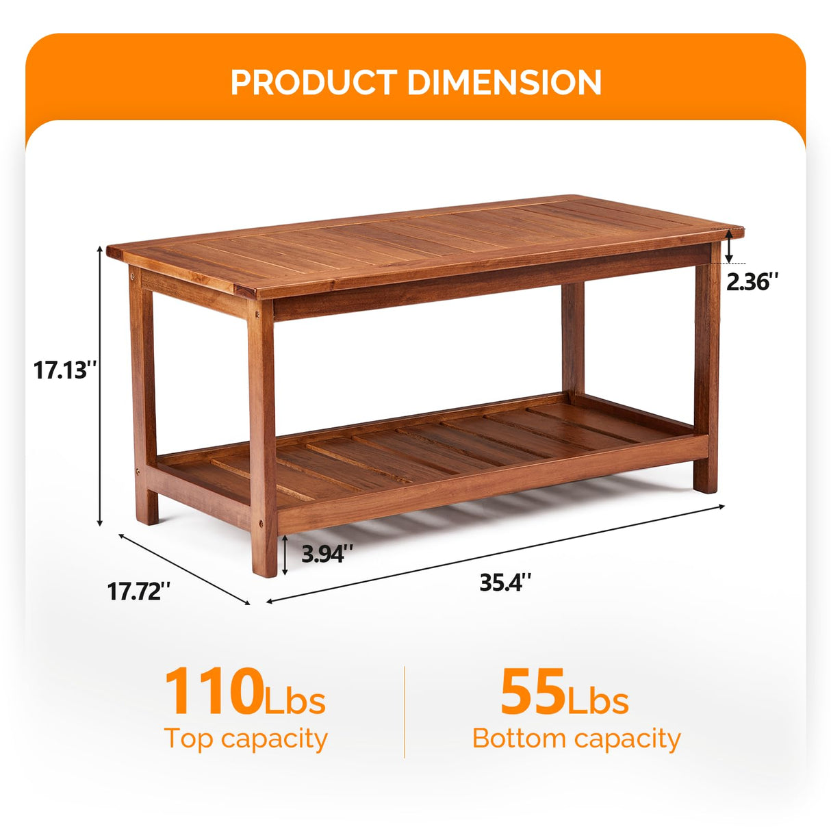VINGLI Outdoor Wooden Coffee Table, 2-Tier Storage Rectangle Patio Coffee Table for Outside, Solid Wood Low Outdoor Table for Balcony Porch and Deck VINGLI