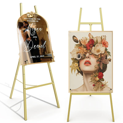 Gold Easel Stand for Sign, Heavy Duty Metal Display Easel with Adjustable Chain, 4-Tier Height Art Easel for Painting, Wedding Sign, Posters & Commercial Display 1
