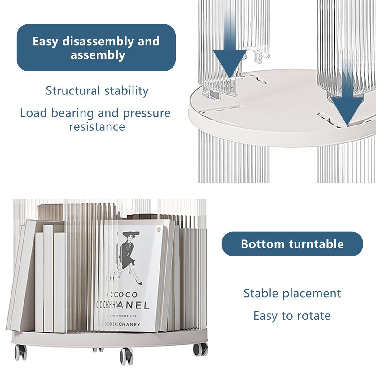 Rolling Bookshelf, 360°Display Spinning Rotating Revolving Bookshelf with Brake Wheels, 3 Tiers Moveable White Small Corner Bookcase Suitable for Bedrooms, Living Looms, Offices, and Study Rooms Leafpool