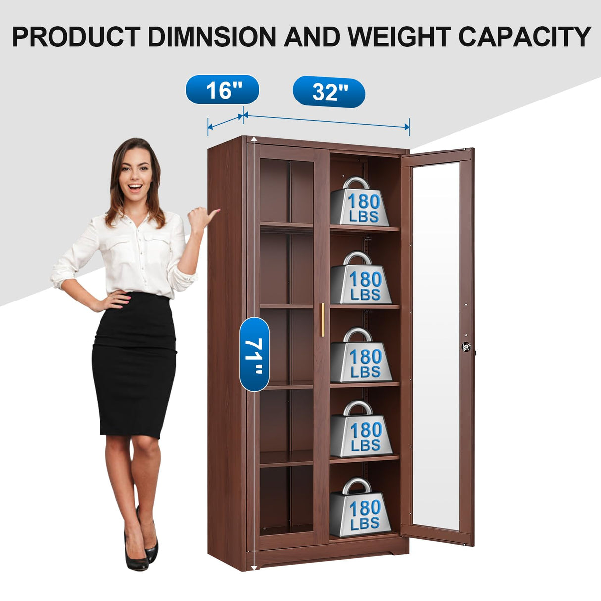 Glass Display Cabinet, Display Case with Glass Doors and Shelves, Metal Curio Cabinets with Locking, 71" Tall Bookcase with Glass Doors for Home, School, Clinic (Wood Color)- Assemble Required Polup