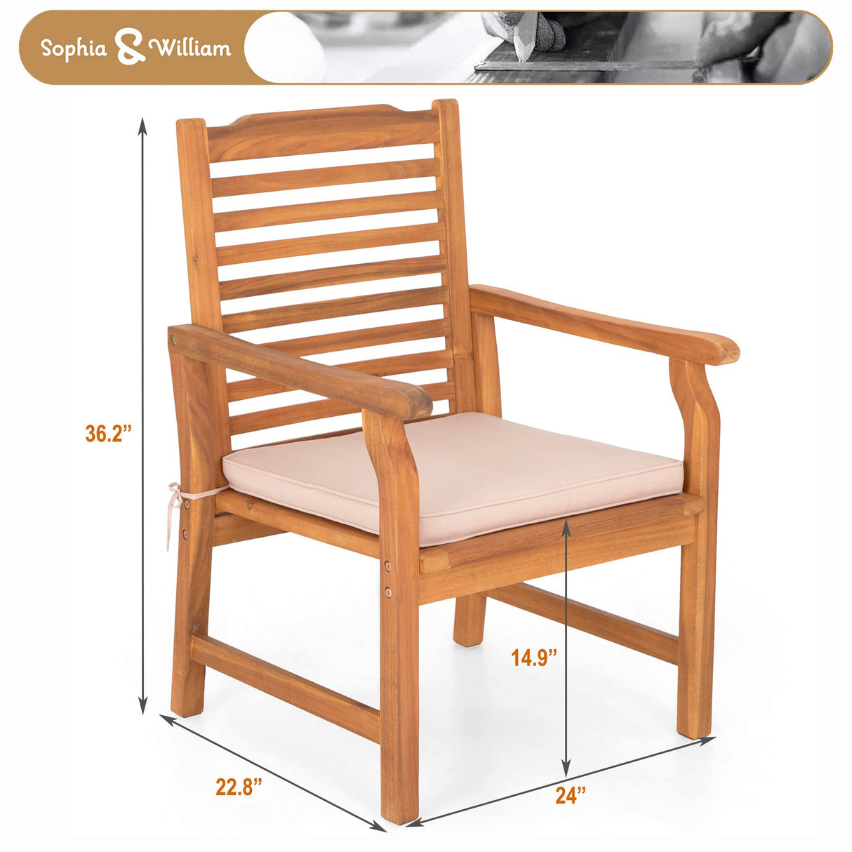 Sophia & William 2 Pieces Acacia Wood Patio Dining Chairs with Cushions, Outdoor Oil Finish Middle Back Wooden Armchairs Set of 2, Natural Wood Chairs for Porch Yard Balcony Deck, Teak Sophia & William