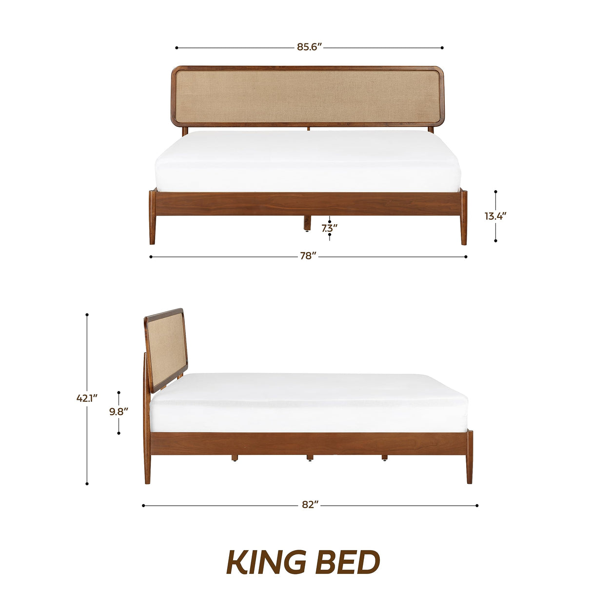 NTC Lupin Wooden Bed Frame with Headboard, Crafted from Walnut, Rubber Wood with Silent Slats and Wood Central Supports, 1000 Lb Capacity, Effortless Assembly, King - Dark Walnut NTC