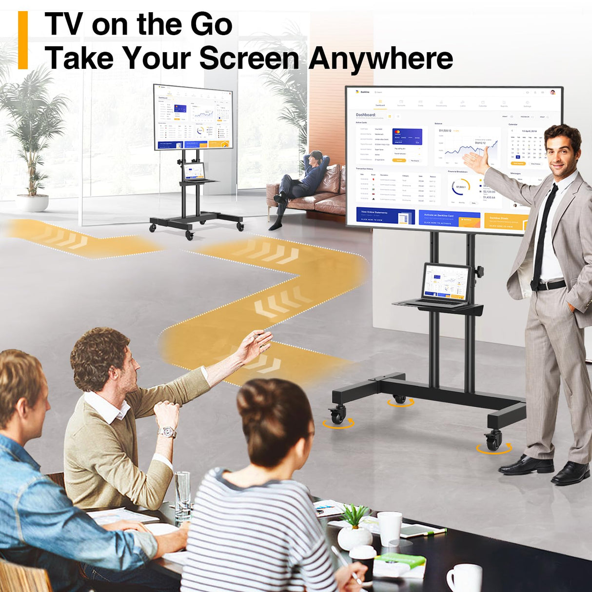 TVON Rolling TV Stand for 32-83 inch Flat Screen/Curved TVs up to 110 lbs, Height Adjustable Portable TV Stand on Wheels with Metal Laptop Shelf, TV Stands for Living Room, Home and Office Use TVON