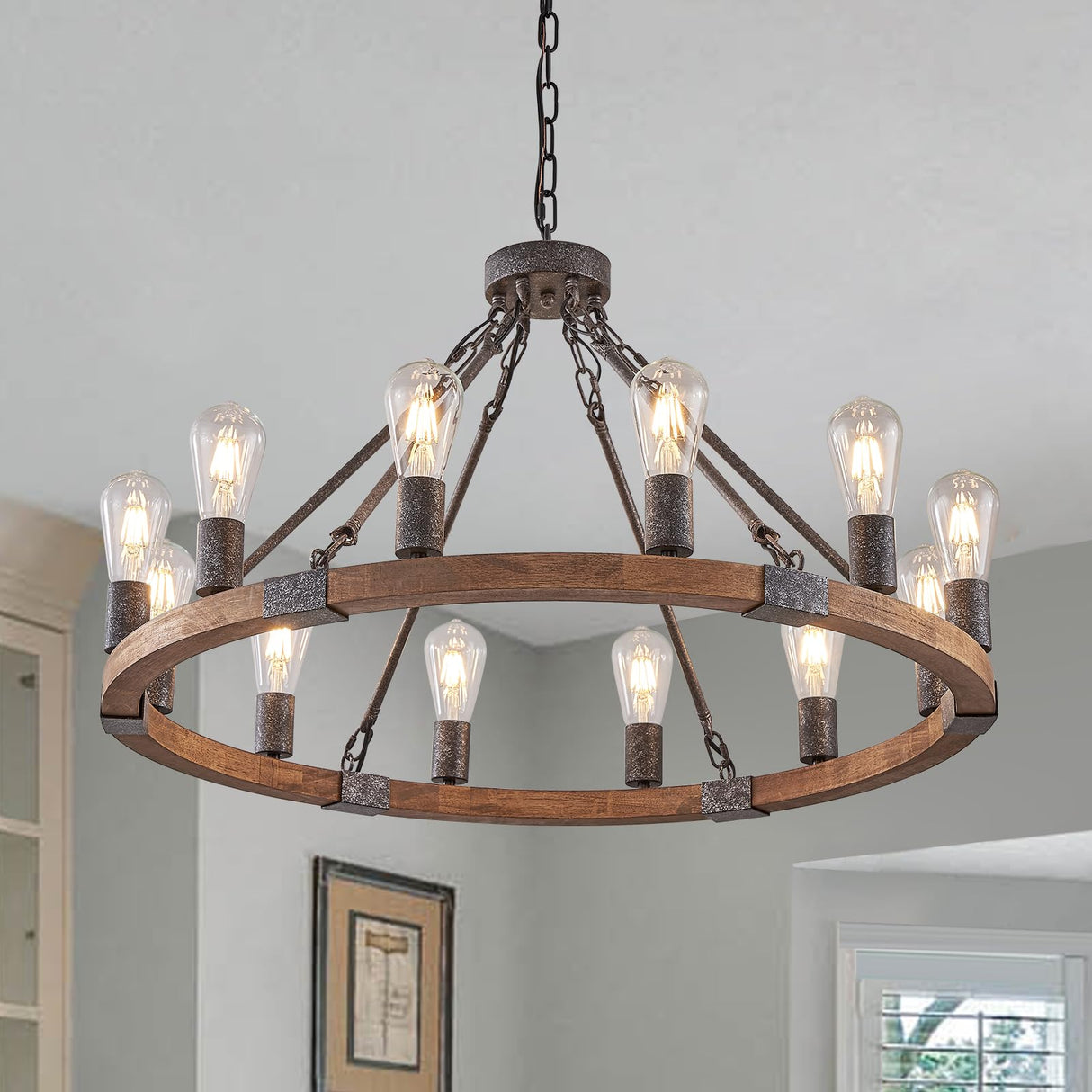 Benkut Farmhouse Wagon Wheel Chandelier 31" Black Rustic Light Fixtures 12-Light Wood Round Chandelier for Dining Room Living Room Entryway Foyer Benkut