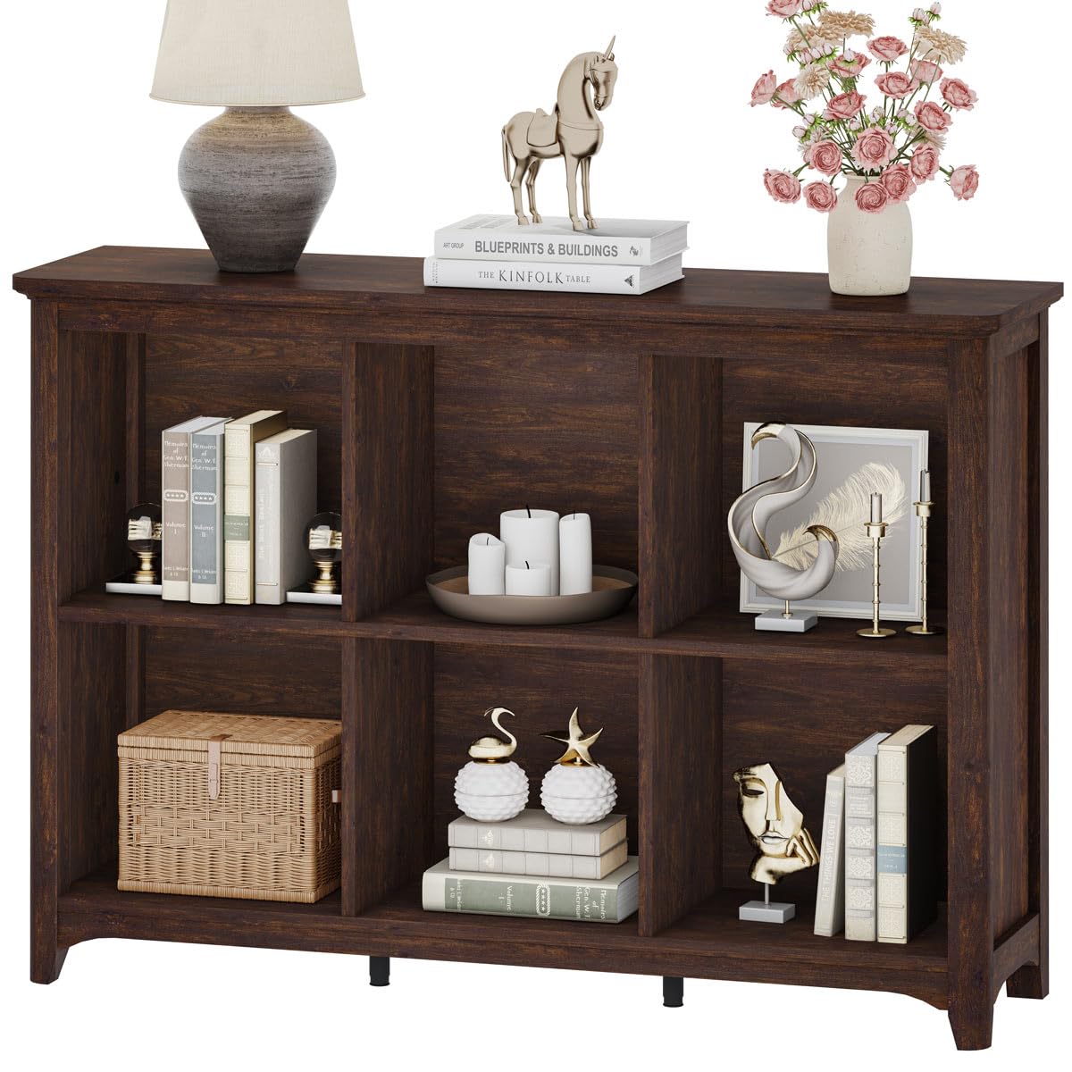 BON AUGURE 6 Cube Storage Bookcase, 43" Wide Horizontal Wooden Bookshelf, Floor Standing Low Book Shelf with Curved Edge for Living Room, Office - Brown Cherry BON AUGURE
