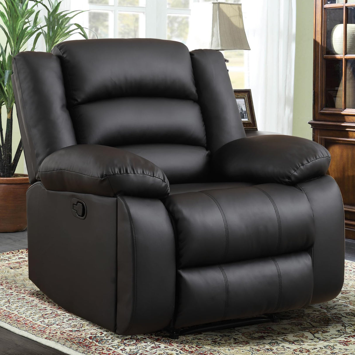 EBELLO Faux Leather Manual Recliner Chair, Single Reclining Sofa Chair Couch with 2 Concealed Cup Holders, Overstuffed Armrest Backrest for Living Room, Bedroom, Meeting Room, Black EBELLO