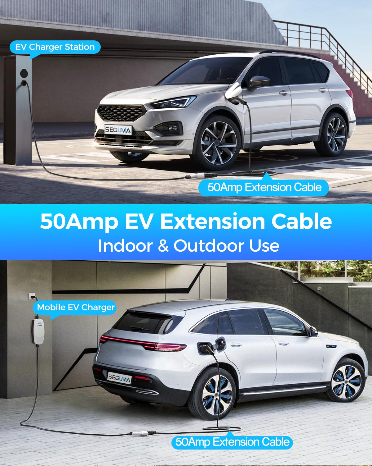 EV Charger Extension Cable, 21ft 50Amp J1772 Extension Cable Compatible with 110V-240V SAE J1772 EV Chargers, Suitable for J1772 EVs/PHEVs, Level 1/ Level 2 IP66 Car Charger Extension Cord with Bag SEGUMA