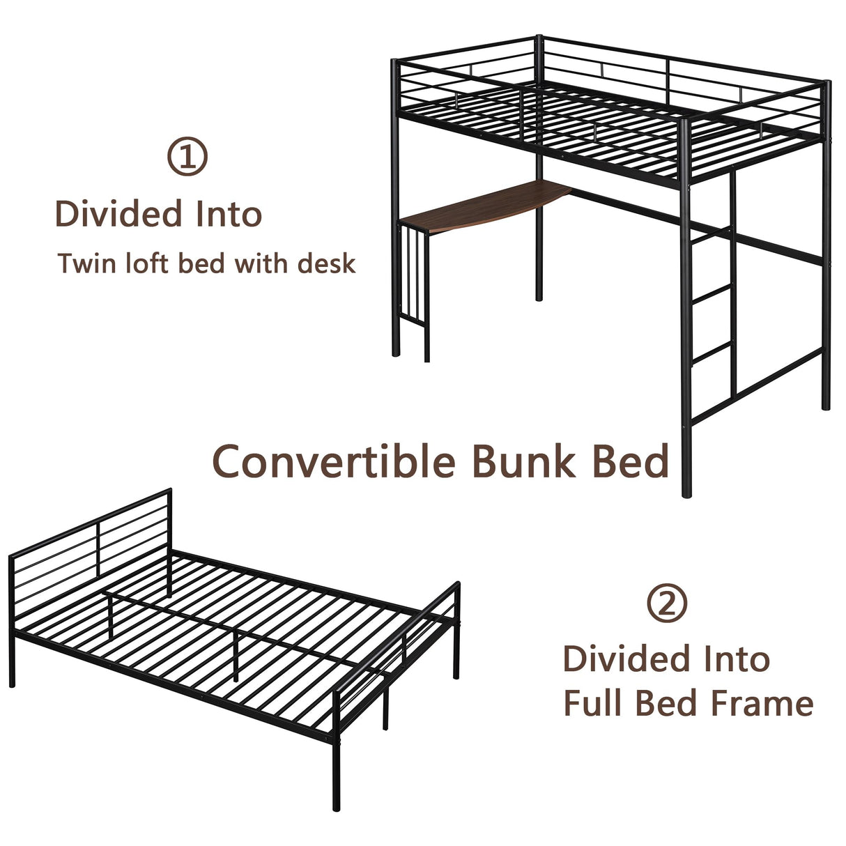 Heavy Duty Bunk Beds Twin Over Full Size, Twin Over Full Bunk Bed with Desk and Side Ladder, L Shaped Bunk Bed Can Be Divided Into One Full Size Bed Frame and One Twin Loft Bed with Desk, Black Bellemave