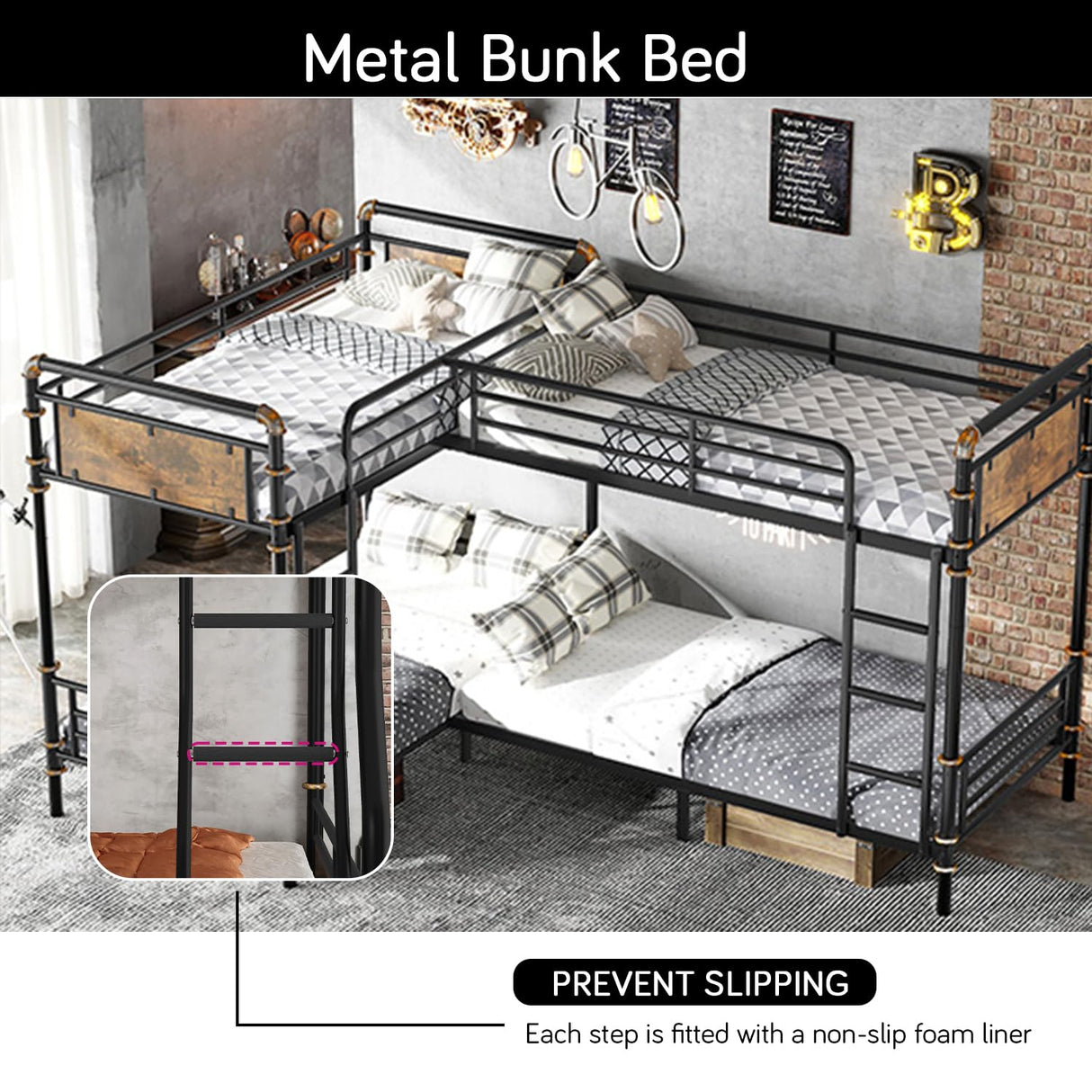 AnwickNomo Quad Bunk Bed for 4 Kids, Heavy Duty Metal Twin Bunk Bed Frame, Detachable Triple Bunk Bed, Can Be Divided Into 3 Twin Beds, Black (Quad) AnwickNomo