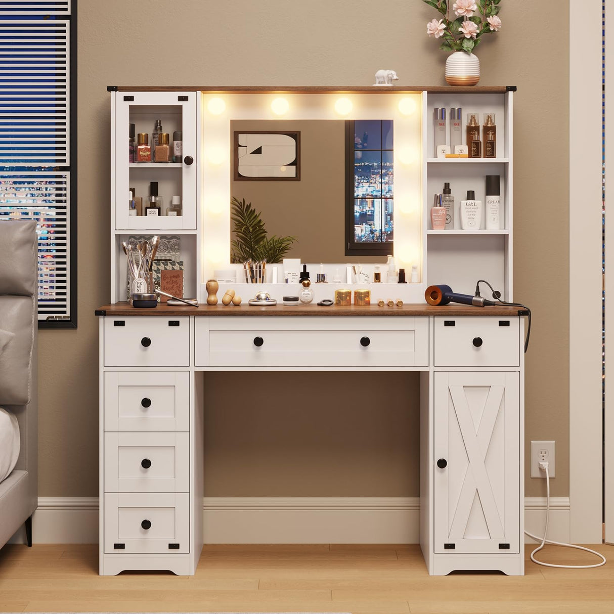 DICTAC Farmhouse Makeup Vanity Desk with Mirror and Lights, Large Vanity Table with Charging Station, 43'' Bedroom Dressing Table with 6 Drawers & 2 DICTAC