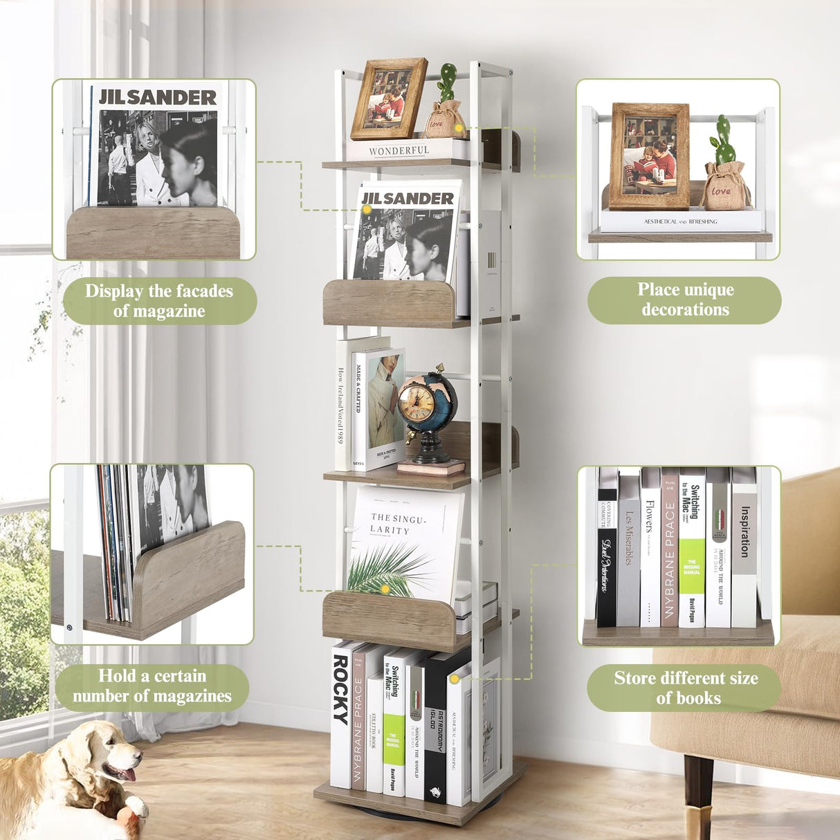 Bikoney 5-Tier Rotating Bookshelf Tower - Tall Industrial White Bookcase for Corners and Small Spaces Bikoney