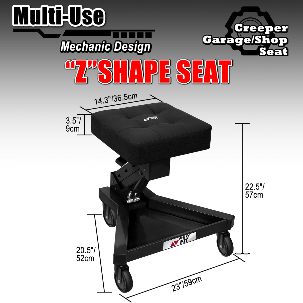 FreekyFit Mechanic Stool with Wheels, Hydraulic Adjustable Shop Stool on Wheels, Garage Work Rolling Stool Chair for Workshop, 400 LBS Capacity, 4 Inch Casters, 360° Swivel Padded Seat, Black FreekyFit