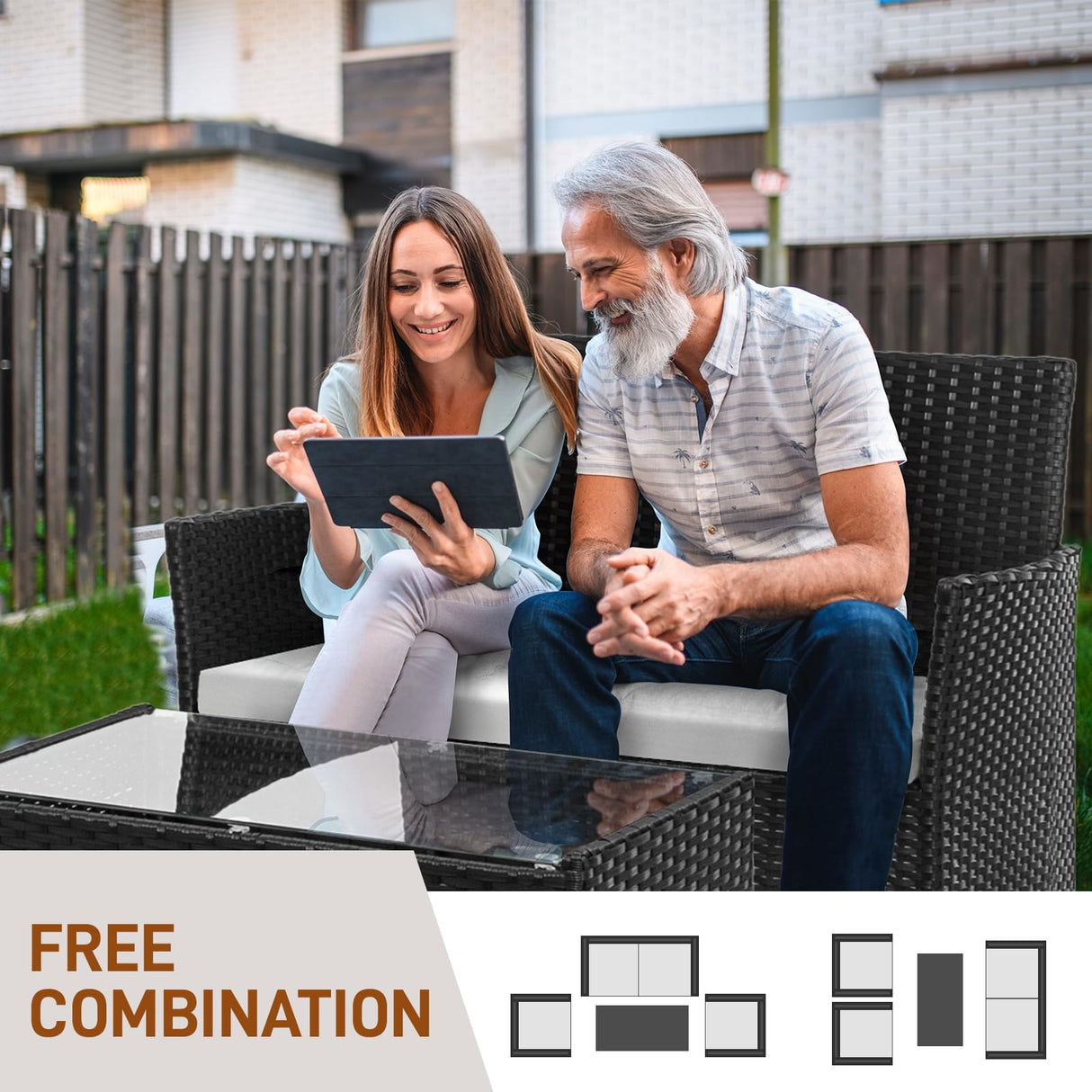 Outvita 4 Pieces Patio Furniture Set, Rattan Conversation Sets with Loveseat Soft Cushion and Glass Table for Garden Backyard Balcony Porch Poolside(Black) Outvita