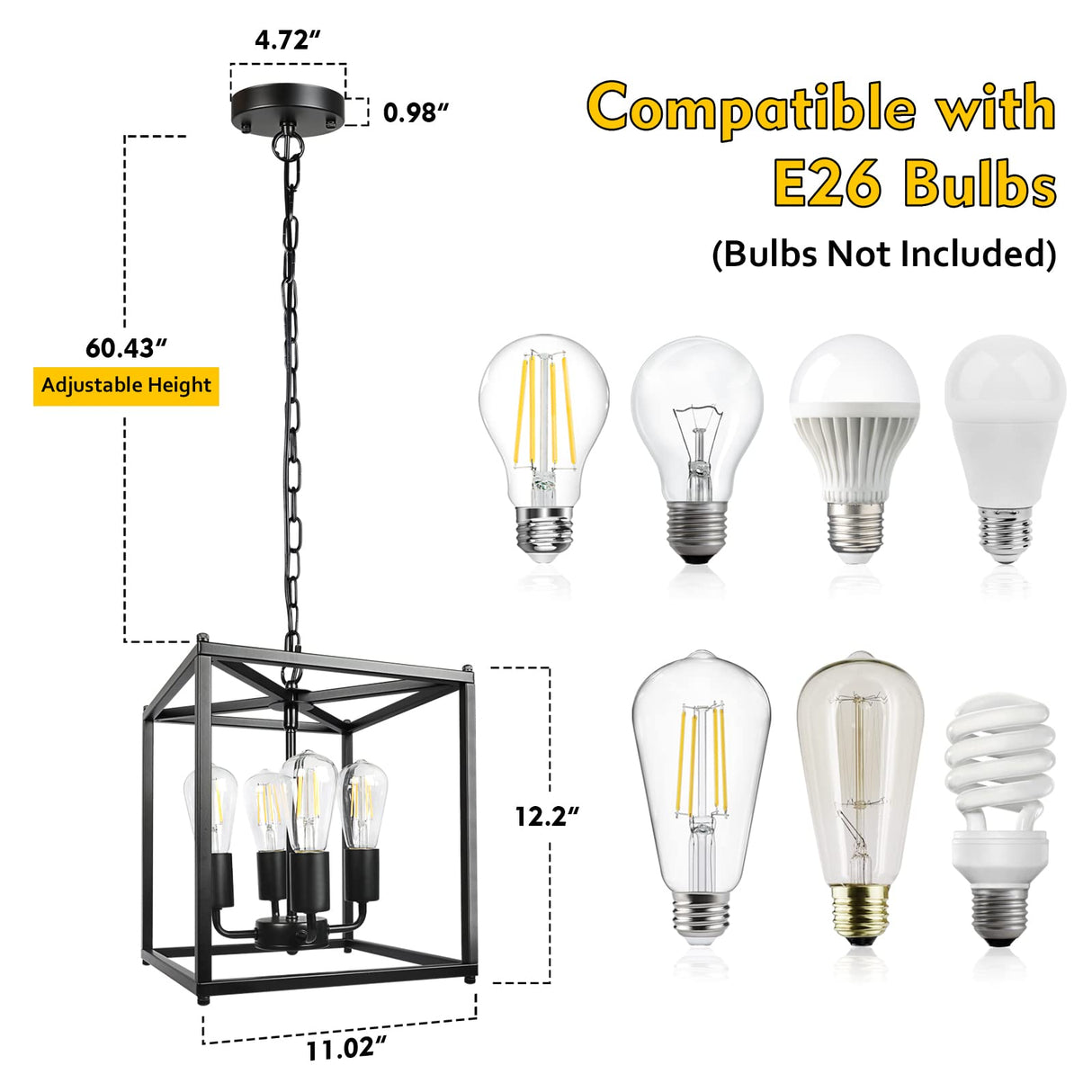 Unicozin 4-Light Black Farmhouse Chandelier, Iron Lantern Pendant Light Rustic Cage Adjustable Height, E26 Base Industrial Hanging Lights for Kitchen Island Dining Room Hallway Foyer Entryway Unicozin