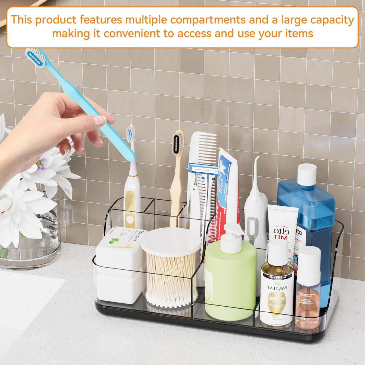 Yieach Black Mens Bathroom Organizer,Bathroom Sink Organizer Storage Rack and Countertop Toothbrush Organizers,7 Slot Tooth Brush Holder Set for Kid,Electric Toothbrush,Toothpaste,Qtip,Toiletry Holder Yieach