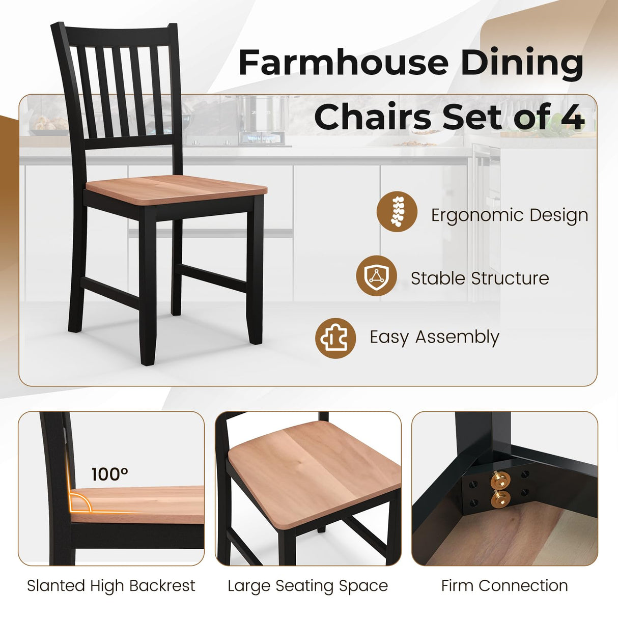 Giantex Wooden Dining Chairs Set of 4, Farmhouse Kitchen Chair with Rubber Wood Legs, Easy to Assemble Armless Dining Side Chairs, Dining Room Chairs, Black Giantex