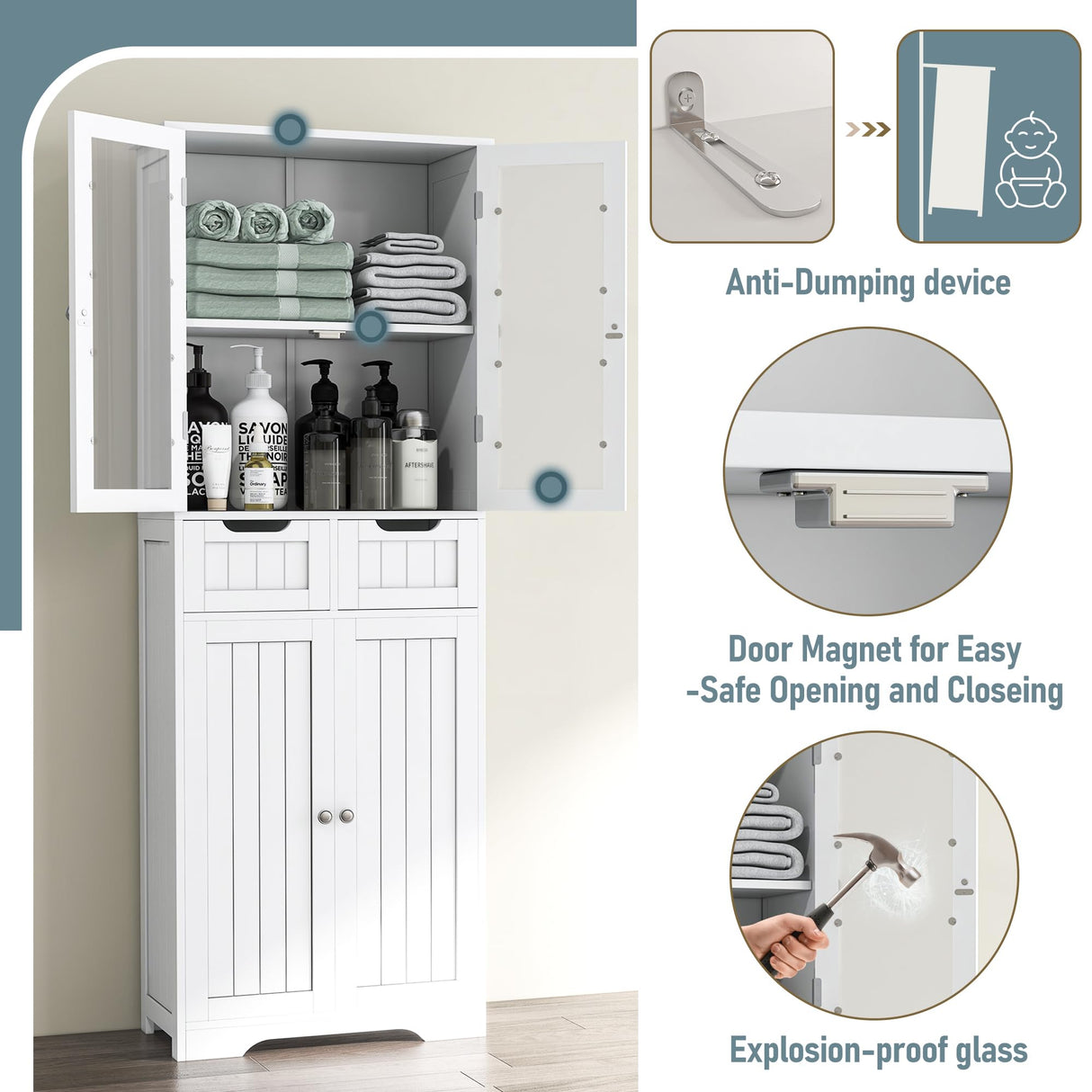 67" Tall White Bathroom Cabinet Bathroom Cabinet Storage Cabinet, Freestanding Storage Cabinet With Glass Door and Adjustable Shelves, Linen Bathroom Cabinet for Living Room, Kitchen, Dining, White TOLEAD