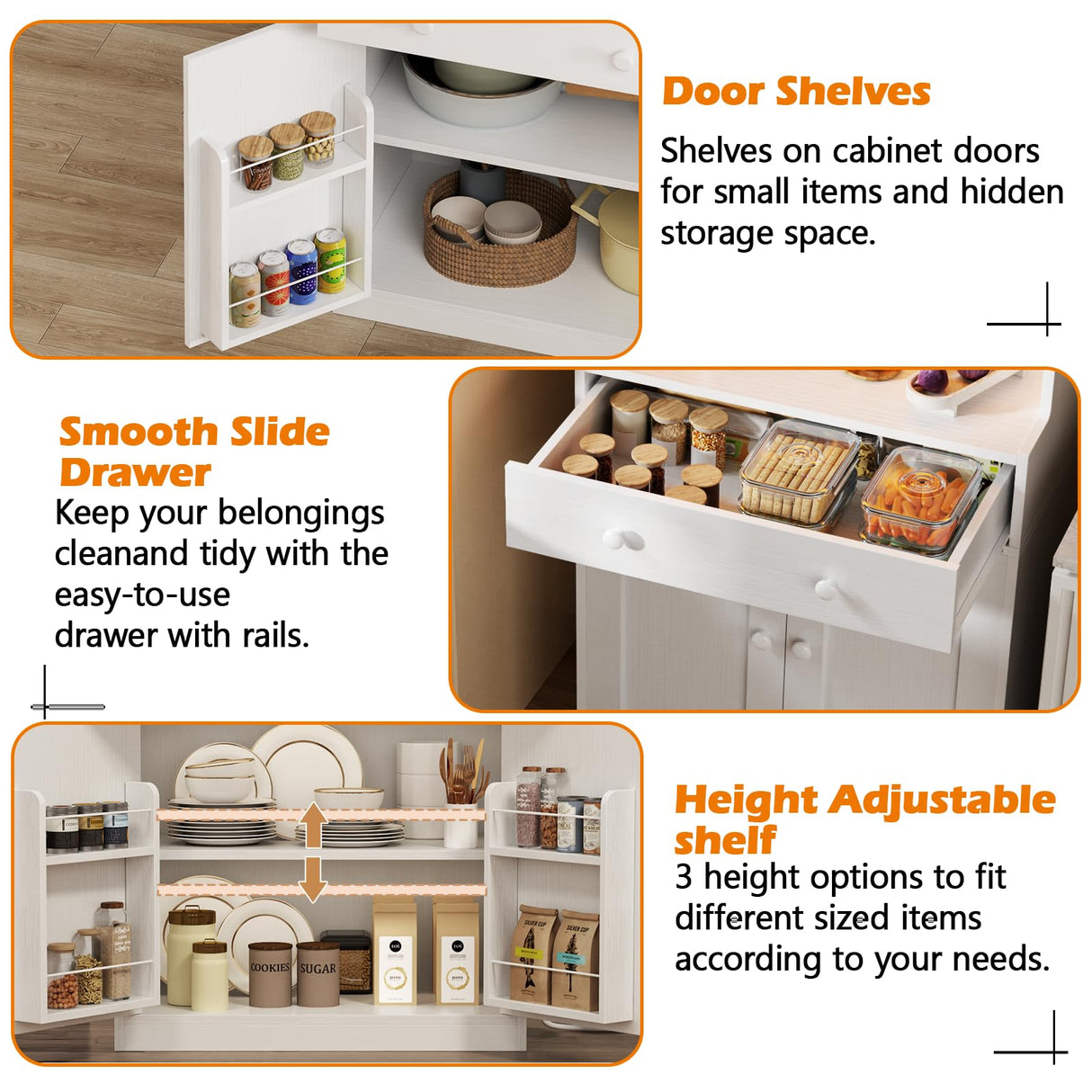 Korfile 71" Tall Food Pantry Cabinet with Power Outlet LED Light, Kitchen Storage Cabinet with 4 Doors, Hutch with Microwave Stand, Cupboard with Drawers for Kitchen, Dining Room, White Korfile