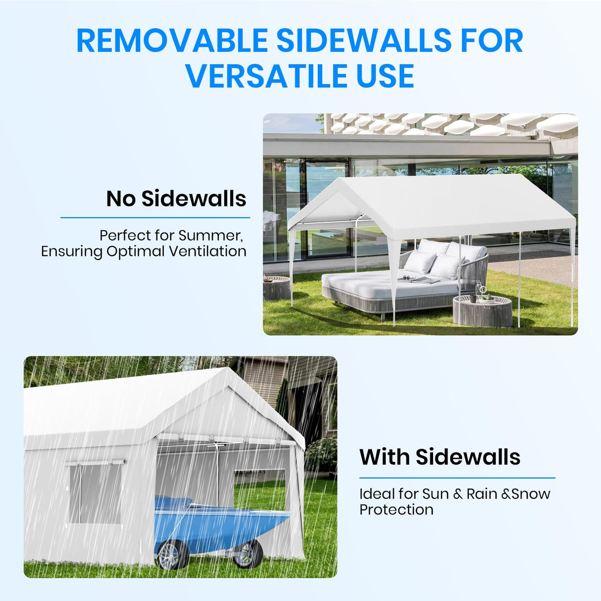 Carport 10x20 FT Heavy Duty, Outdoor Portable Garage with Removable Sidewalls & Doors, Waterproof, UV-Resistant Canopy Shelter for Vehicles, Boats, RVs, Trucks, All-Season Car Port,White RICHRYCE