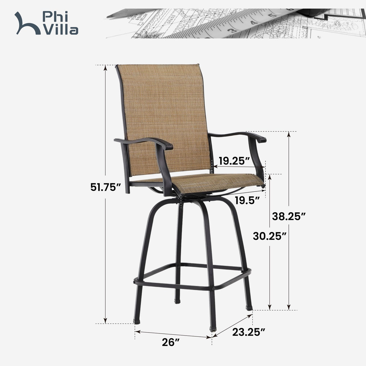 PHI VILLA Outoor Swivel Bar Stools Set of 6 with Armrest and Backrest, 30" Seat Height High Top Bar Height Patio Chairs, Brown Textilene Fabric PHI VILLA
