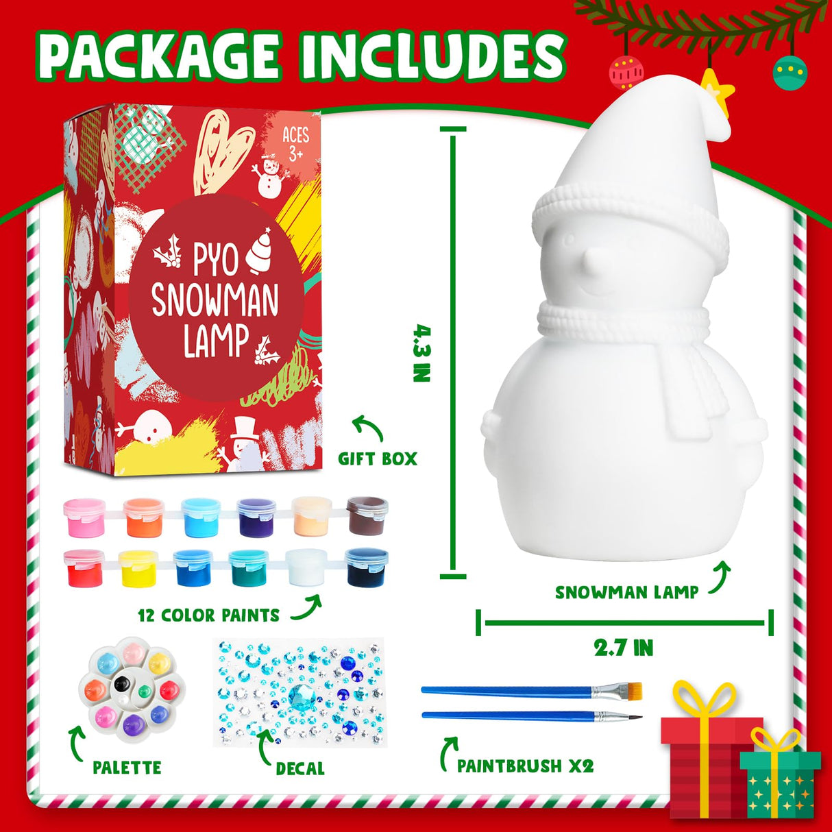 Christmas Crafts for Kid Adult, DIY Snowman Figurines, Art & Craft Supplies Painting Kits, Paint Your Own Lamp DIY Gift for Christmas Activities for Toddler Gril Boy Age 3 4 5 6 7 8 9 10 11 12 13 FUNZBO