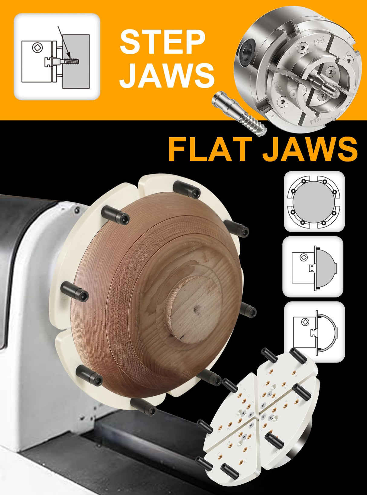 4 Inch Wood Lathe Chuck Set 1" x 8 tpi Thread & 3/4"x16 tpi Adapter, Self Centering 4 Jaw Wood Turning Chuck set with 3 frequently used types of Jaws Deargooday