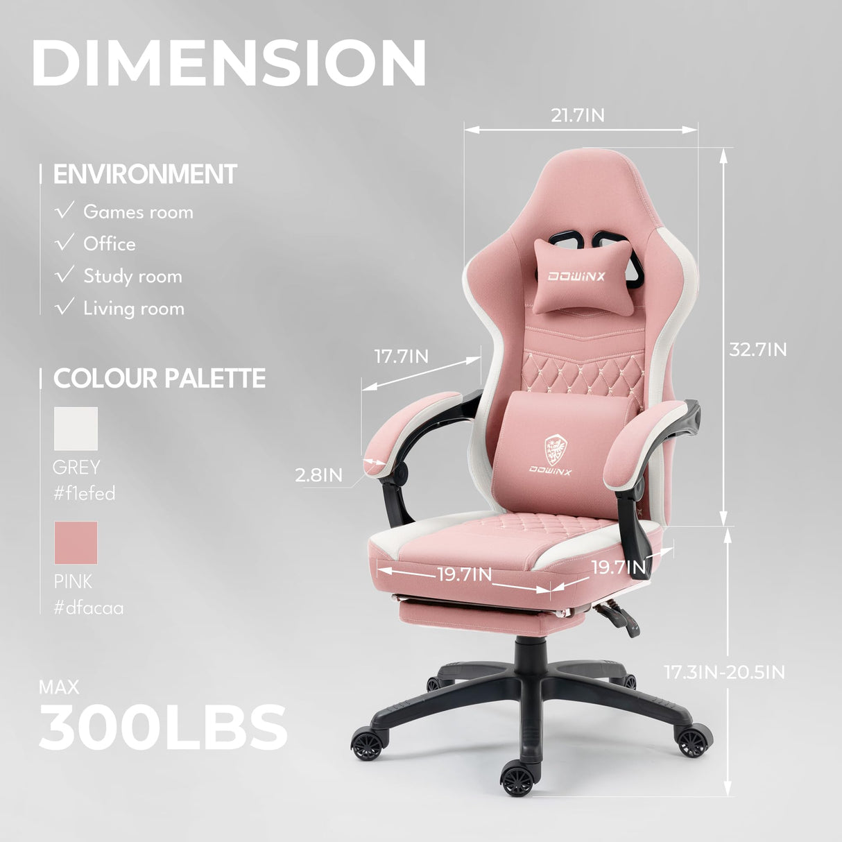 Dowinx Gaming Chair Breathable Fabric Computer Chair with Pocket Spring Cushion, Comfortable Office Chair with Gel Pad and Storage Bag,Massage Game Chair with Footrest,Pink Dowinx
