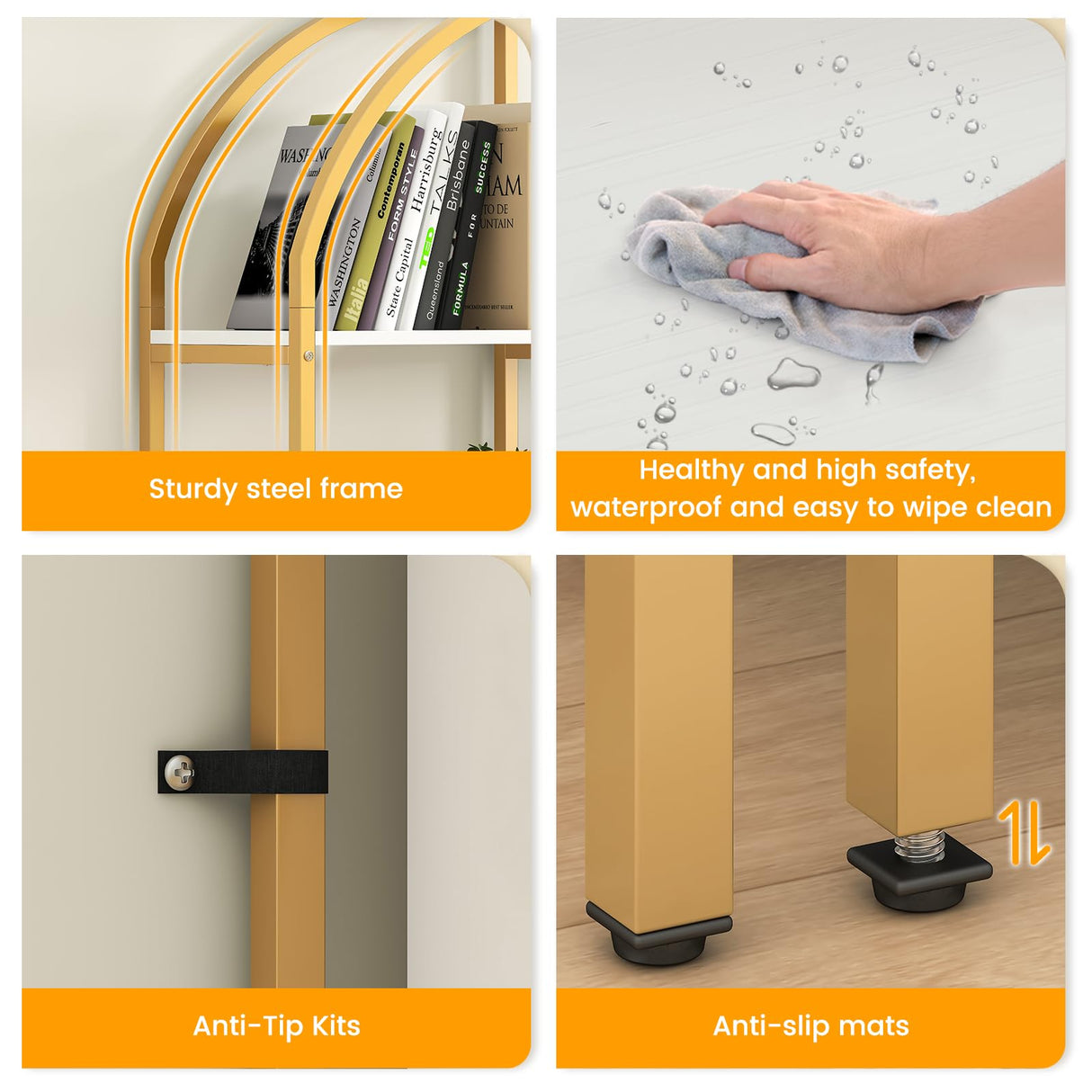 Semoic Arched Bookshelves and Bookcases: Triple Wide 5-Tier Large Open Bookshelf, Etagere Bookcase with Display Shelf for Home Office, White and Gold Semoic