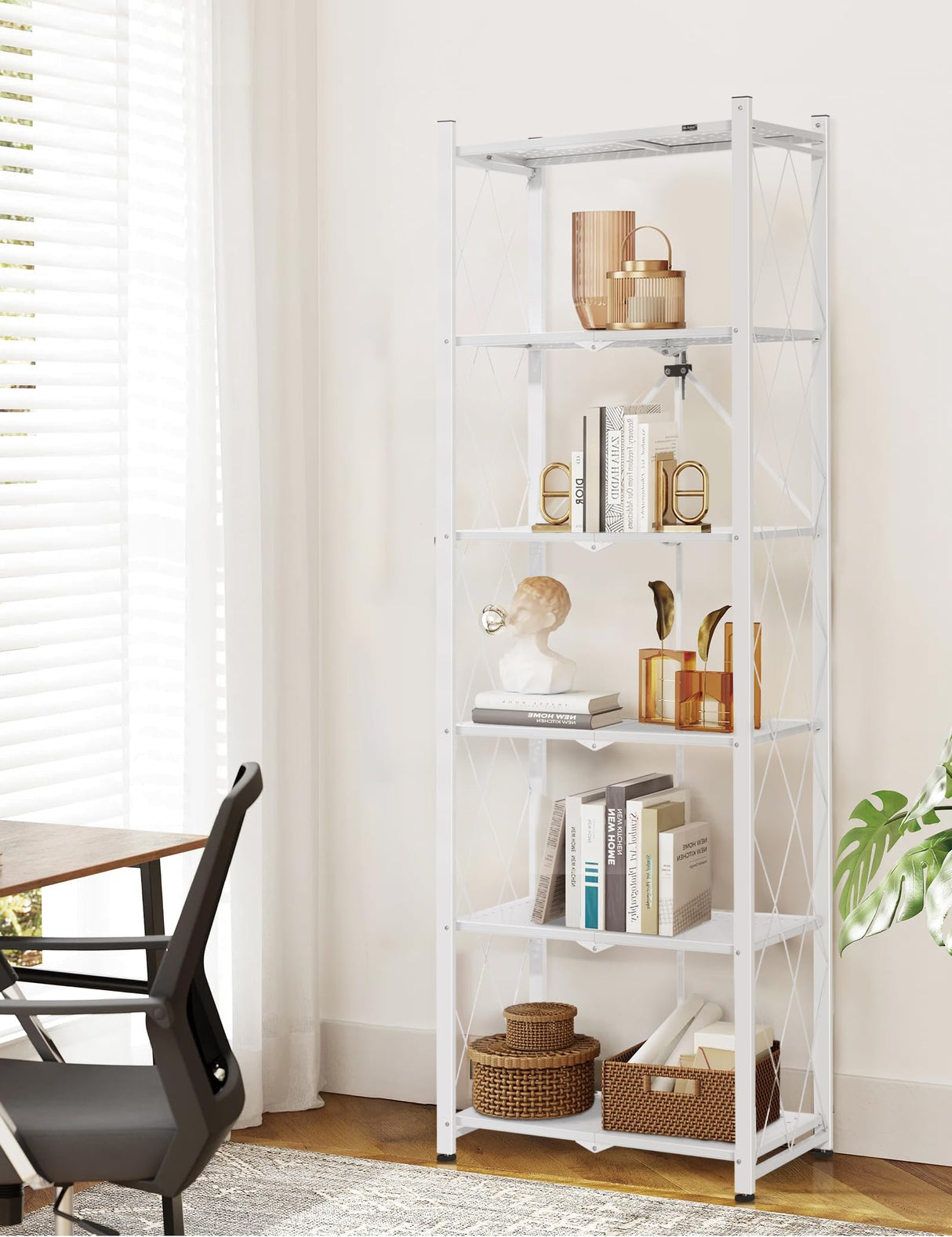 ALANNG 70.7-Inch Folding 6-Tier Metal Bookshelf - Versatile Heavy-Duty Bookcase (White, 2-Pack) ALANNG