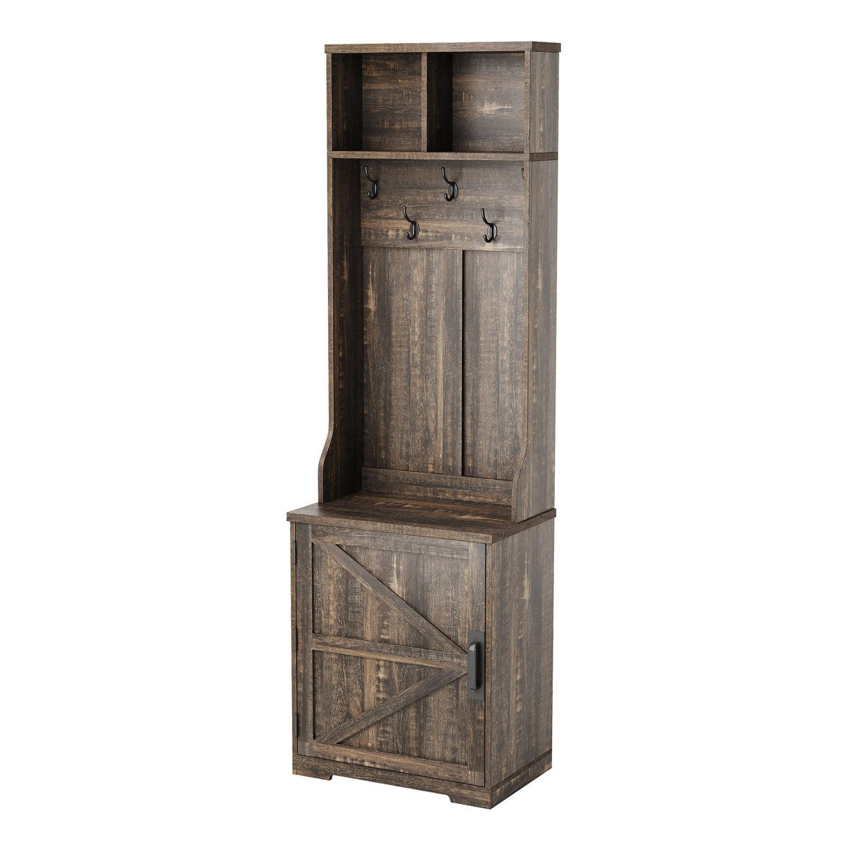 IDEALHOUSE Farmhouse Narrow Coat Rack with Shoe Storage, 23.6" Small Hall Tree with Bench, Entryway Coat Rack with 5 Hooks, 2 Cubbies & 1 Barn Door Cabinet for Entryway, Hallway, Mudroom, White/Brown IDEALHOUSE