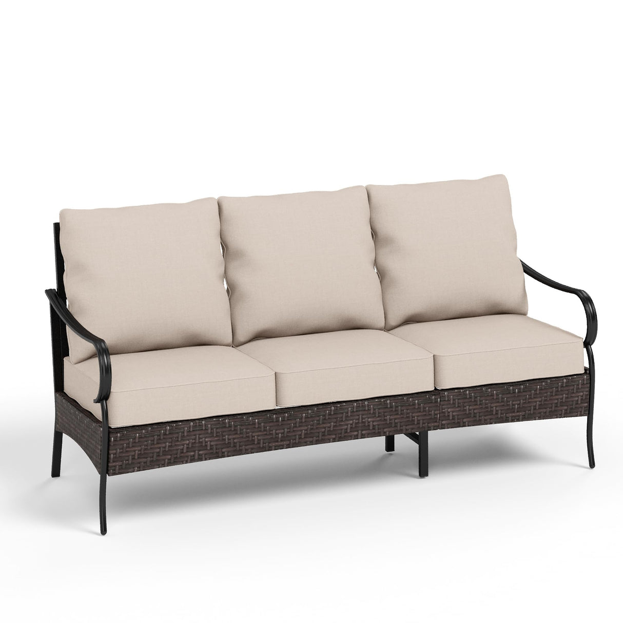 PHI VILLA Wicker & Metal Outdoor Patio Couch,3-Seat Patio Sofa with Deep Seating for Front Porch, Deck, Balcony, Backyard, Sunroom PHI VILLA