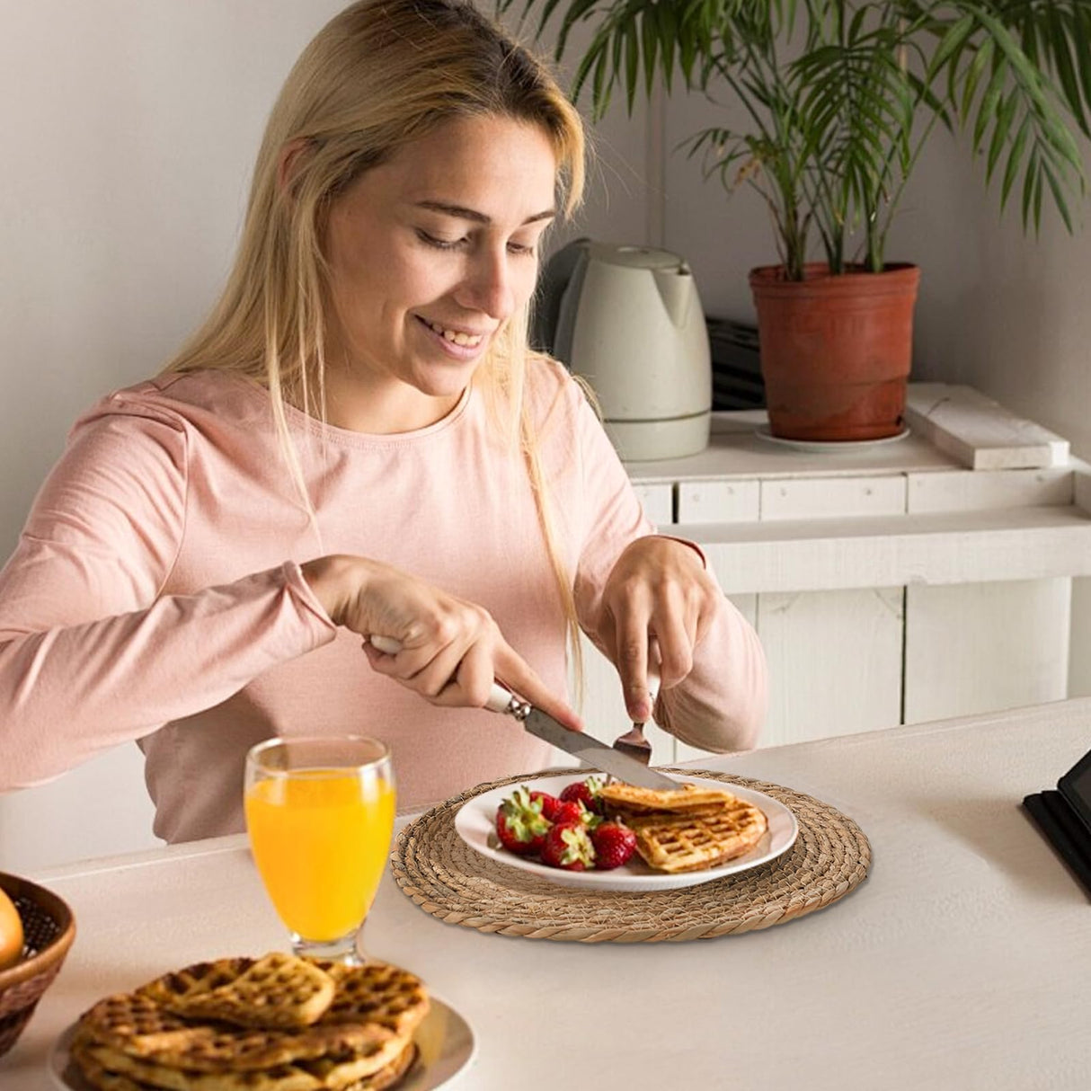 13.5'' Round Woven Placemats Set of 12, Boho Rattan Chargers for Dinner Plates, Rustic Wicker Place Mats, Straw Braided Table Placemats, for Dining Table, Thanksgiving, Fall, Farmhouse, and Christmas Terrekraft
