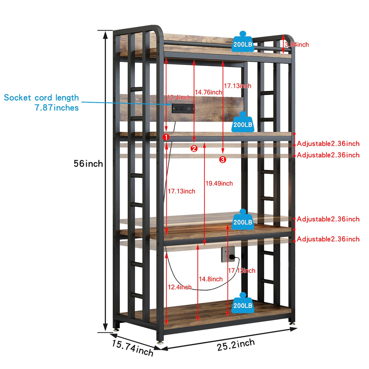 METYERRY Adjustable 4-Tier Heavy Duty Kitchen Baker's Rack with Power Outlet, with Industrial Wheels, Free Standing Microwave Oven Cart Stand for Storage in Living Room, Garage, Rustic Brown METYERRY