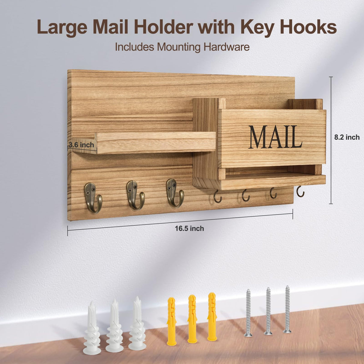 Lwenki Mail Organizer for Wall Mount – Key Holder with Shelf Includes Letter Holder and Hooks for Hallway Farmhouse Decor – Rustic Wood with Flush Mounting Hardware (16.5” x 9.1” x 3.4”) (Wood) Lwenki