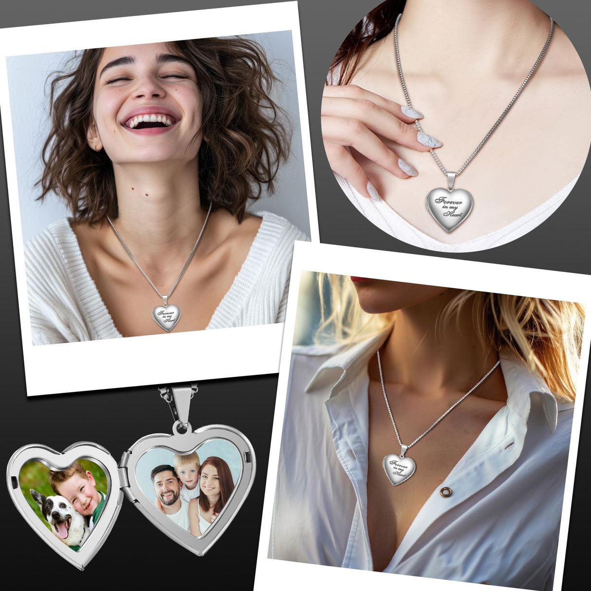 Aurelema 16 Pcs Forever in My Heart Locket Necklace Set Sublimation Pendant Trays Set That Hold Pictures Silver Locket Necklace 4 Bezel Tray 4 Chain 8 Sublimation Discs for Women Mom Gift Aurelema