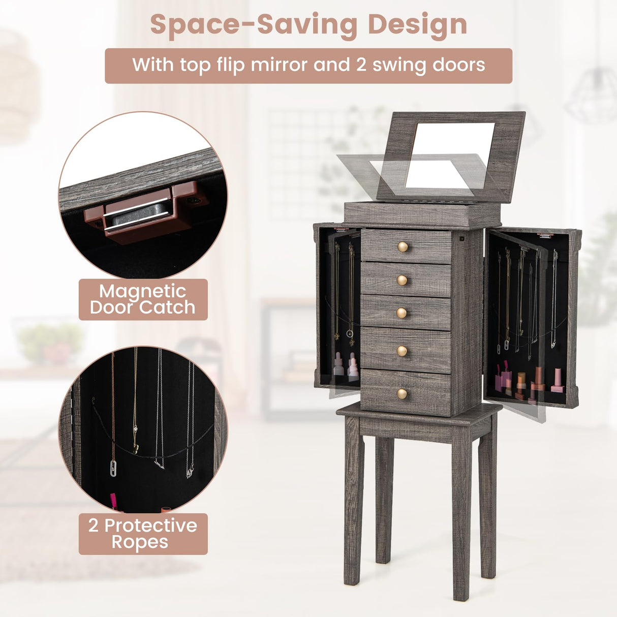 Giantex Jewelry Cabinet Armoire with 5 Drawers, 2 Side Doors with 8 Necklace Hooks, Top Flip Mirror, 4-Compartments Organizer, Standing Wood Jewelry Storage Chest, Antique, Washed Gray Giantex