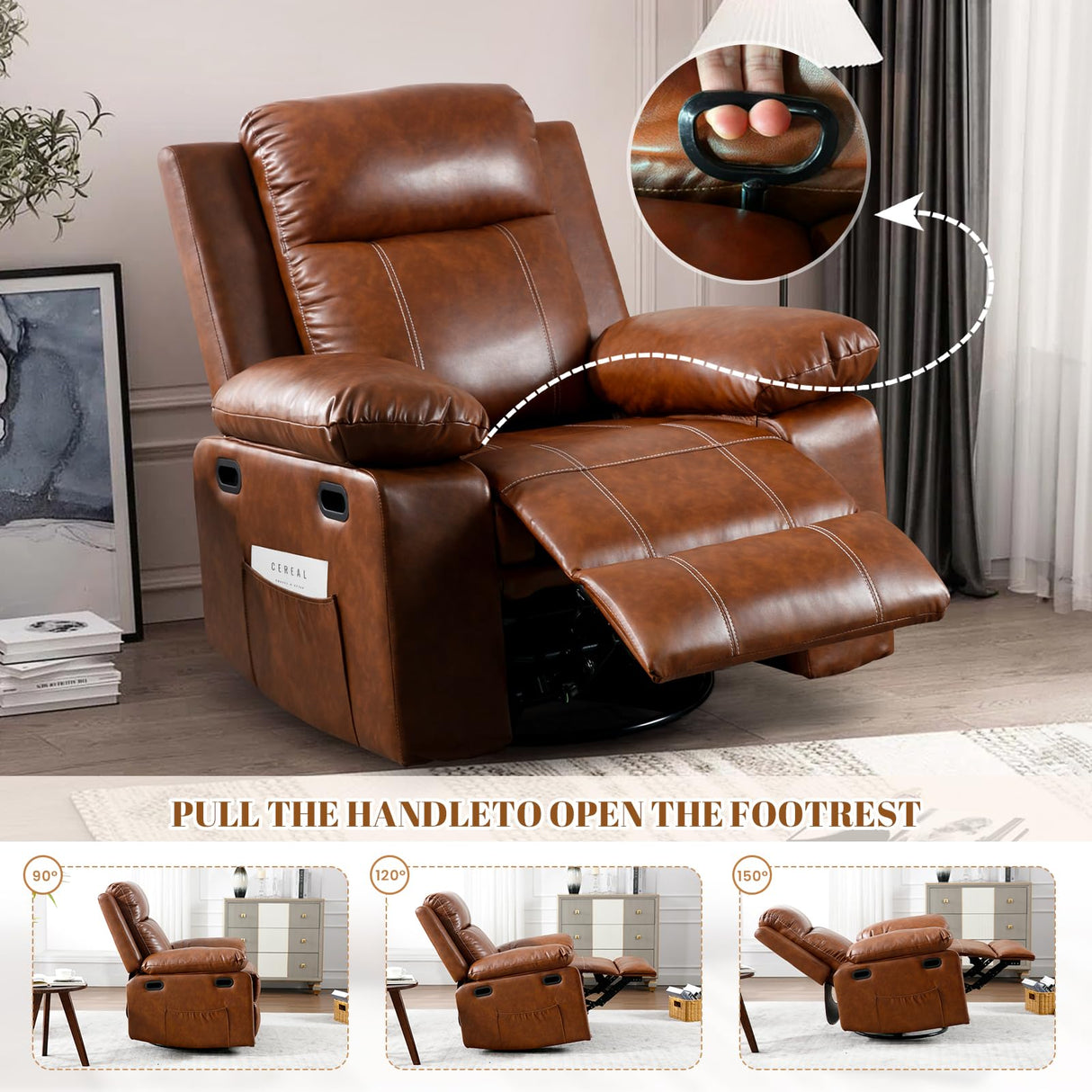 SLEERWAY Recliner Chair with Massage and Heat, Modern Swivel Reclining Chair with Remote Control and Side Pocket, Adjustable Glider Rocker Recliner Chair for Living Room, Bedroom, Lounge, Brown SLEERWAY