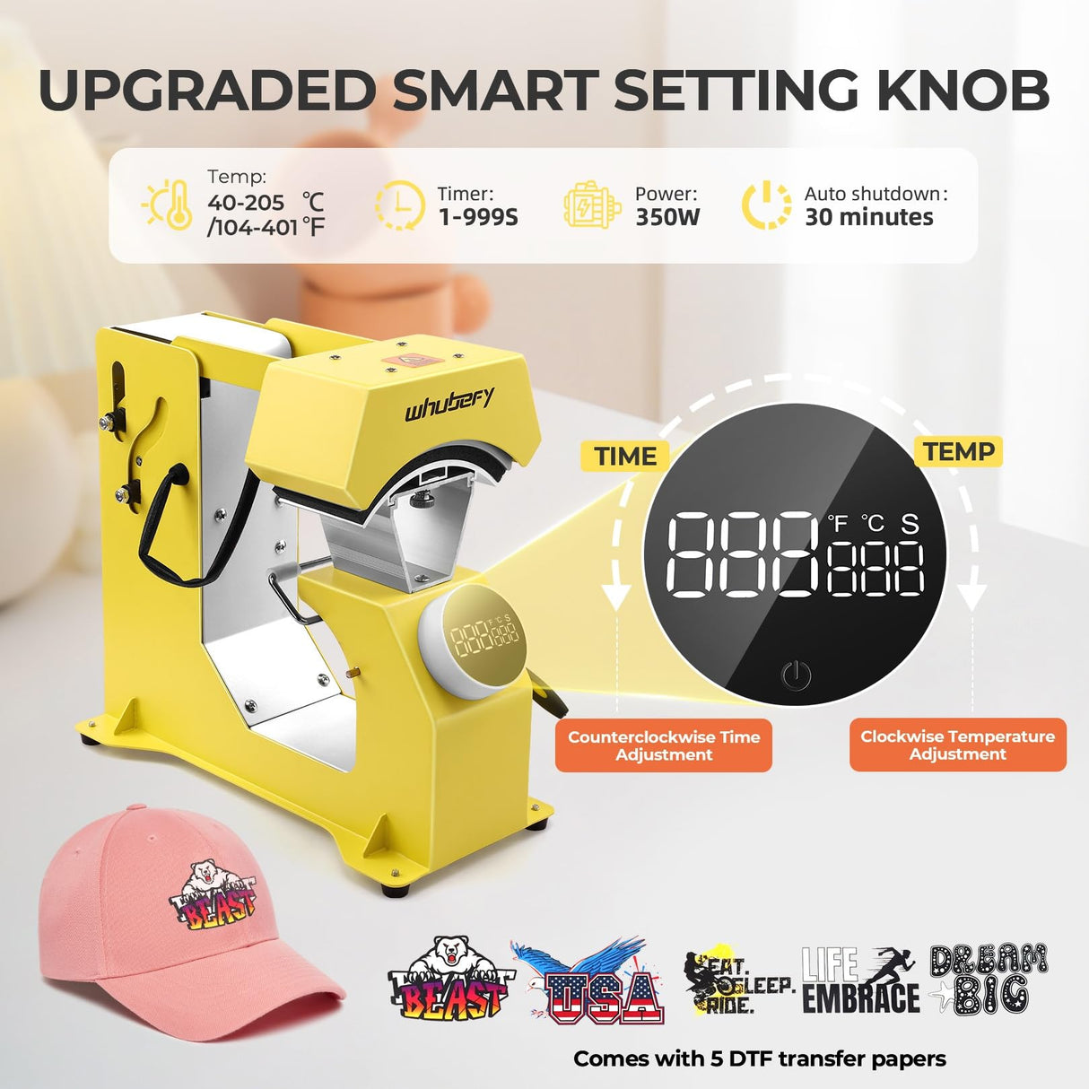 Whubefy 3-in-1 Auto Hat Heat Press Machine for Caps w/3pcs Interchangeable Platens, Automatic Release & Press, Knob-Style Digital Control for Hats T-Shirts Bags HTV and Sublimation Projects Whubefy