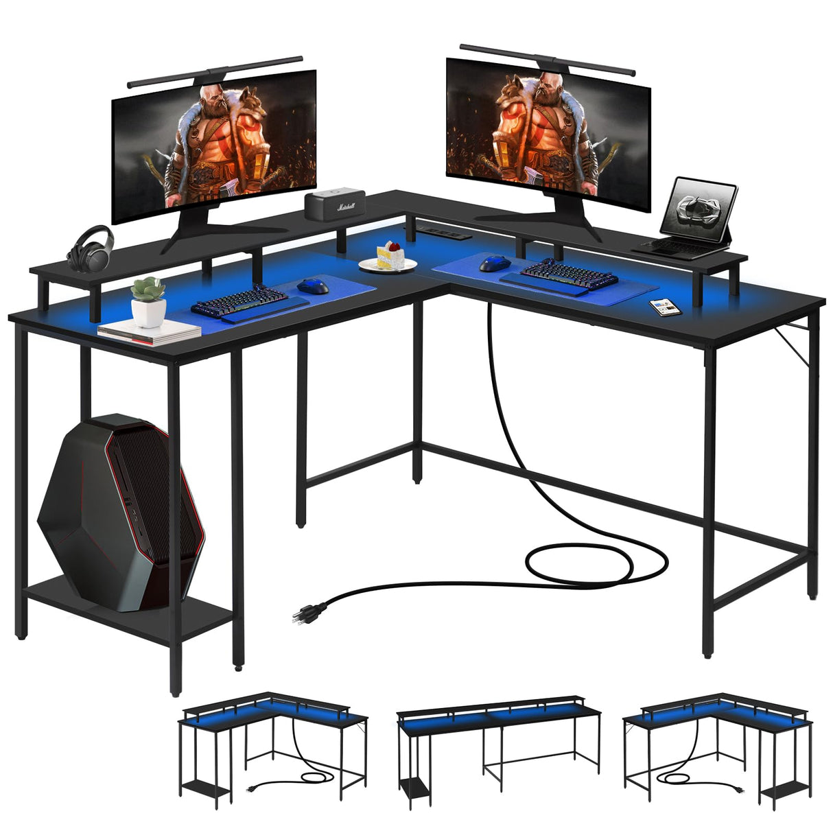 Panana 53.5" L Shaped Computer Desk Gaming Desk with LED Lights and Power Outlets, Reversible L Shaped Corner Desk with Monitor Stand, Home Office Desk with Shelf and USB Port (Black) Panana